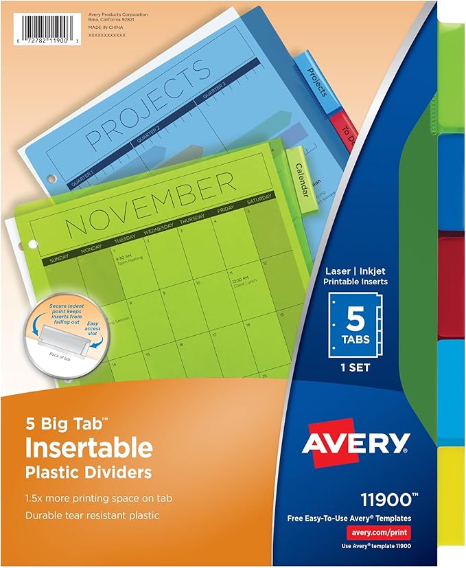Avery Dividers for 3 Ring Binders, 5-Tab Plastic Binder Dividers, Insertable by Avery