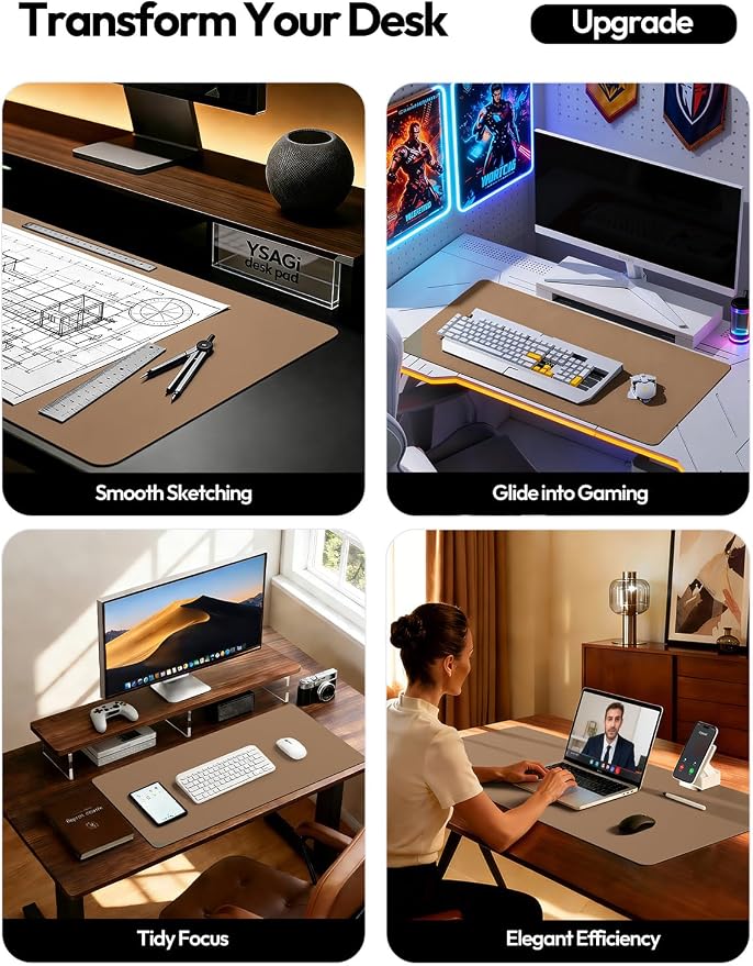 YSAGi Leather Desk Protector, Office Mat, Large Mouse Mat, Non-Slip PU Leather - Image 2