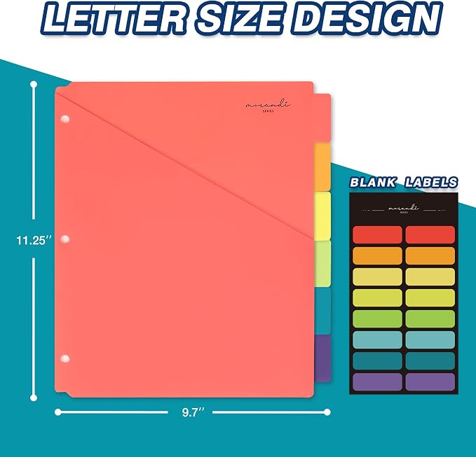 H4D 6-Tab Plastic Binder Dividers, 2 Pockets, Primary Colors, 1 Set | Made of - Image 2