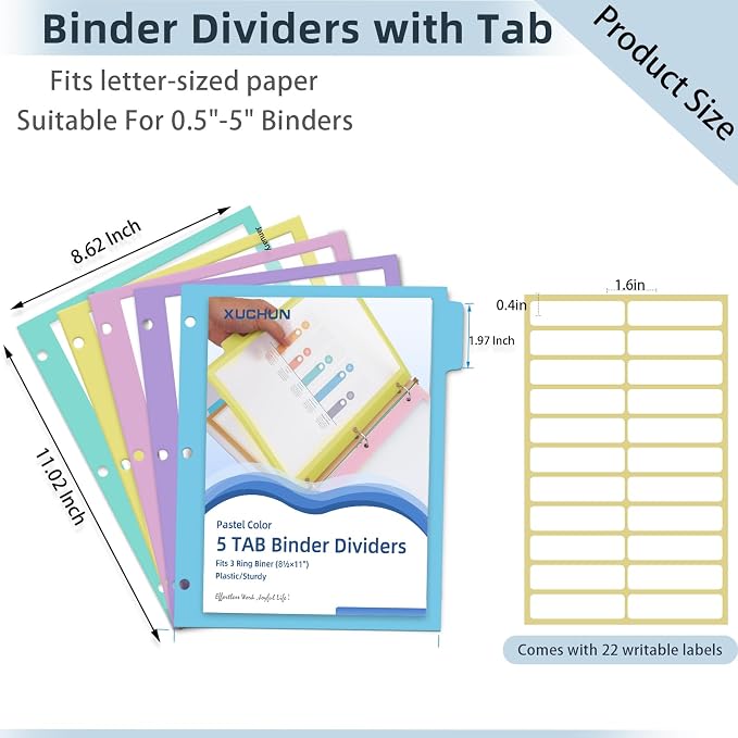 XUCHUN Binder Dividers, 5 Tab Dividers Clear Plastic Subject dividers - Image 2