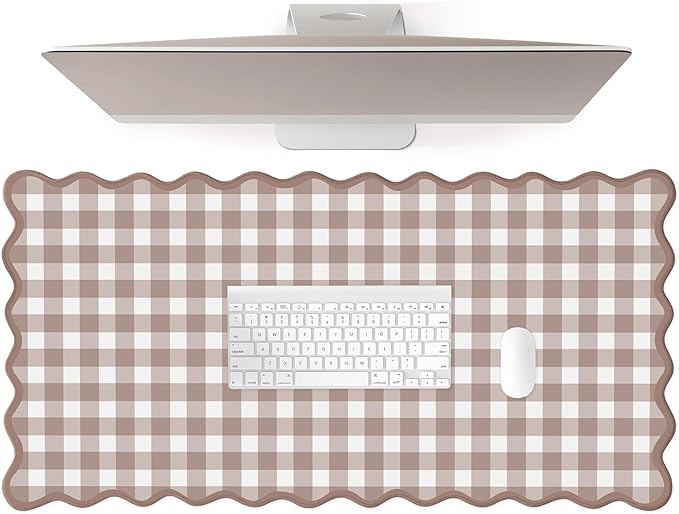 Scalloped‌ Checkered Desk Mat Cute Brown Gingham XXL Large Gaming Mouse Pad by Unknown