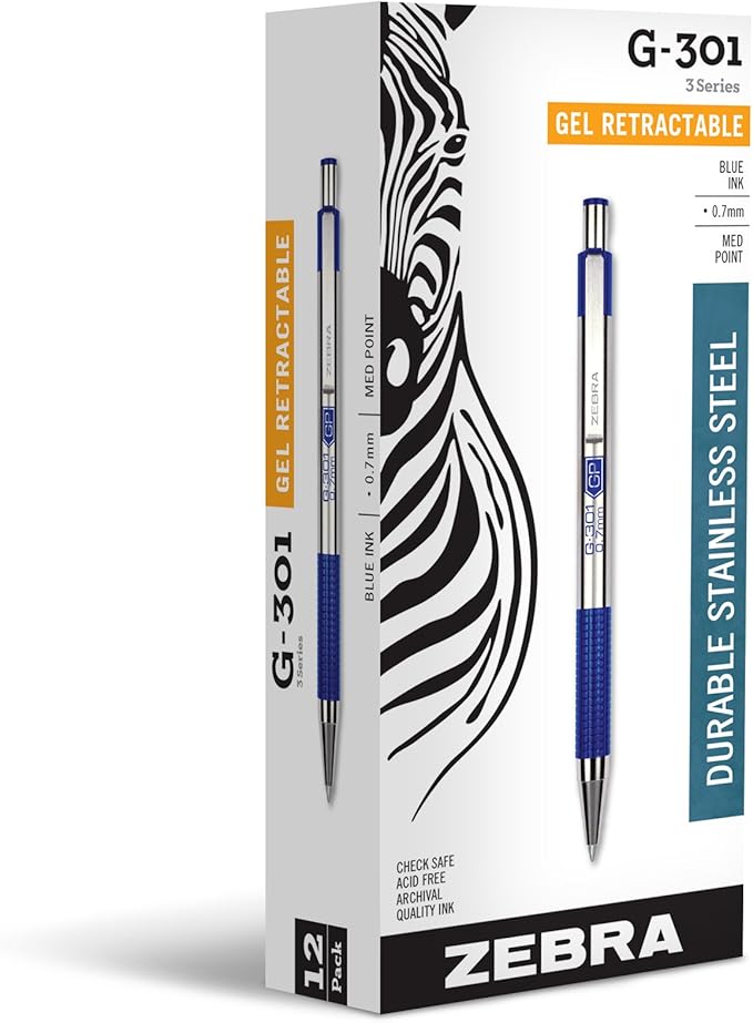 Zebra Pen G-301 Retractable Gel Pen, 0.7mm Medium Point, Stainless Steel Barrel by ZebraPen