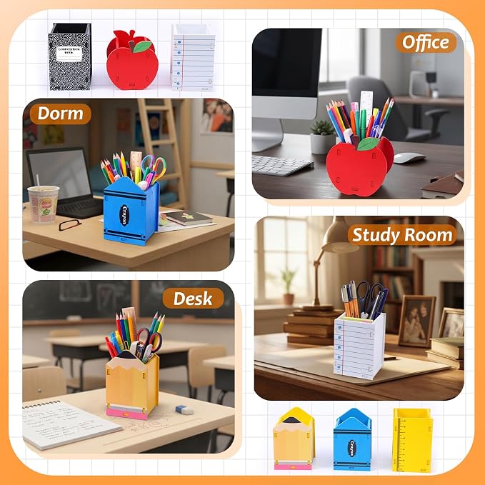 Crtiin 6 Pack Back to School Gifts Wooden Pencil Holders Crayon Ruler Apple - Image 6