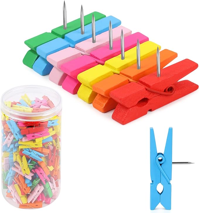 260 PCS Colorful Push Pin with Wooden Clips, Durable Wooden Push Pins, by Joyberg