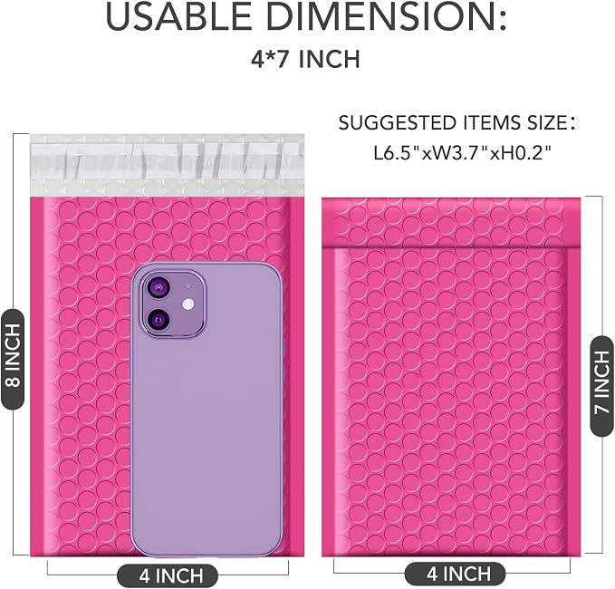 GSSUSA Pink Bubble Mailers 4x8 100 Pack, Self Seal Padded Envelopes | Usable - Image 2