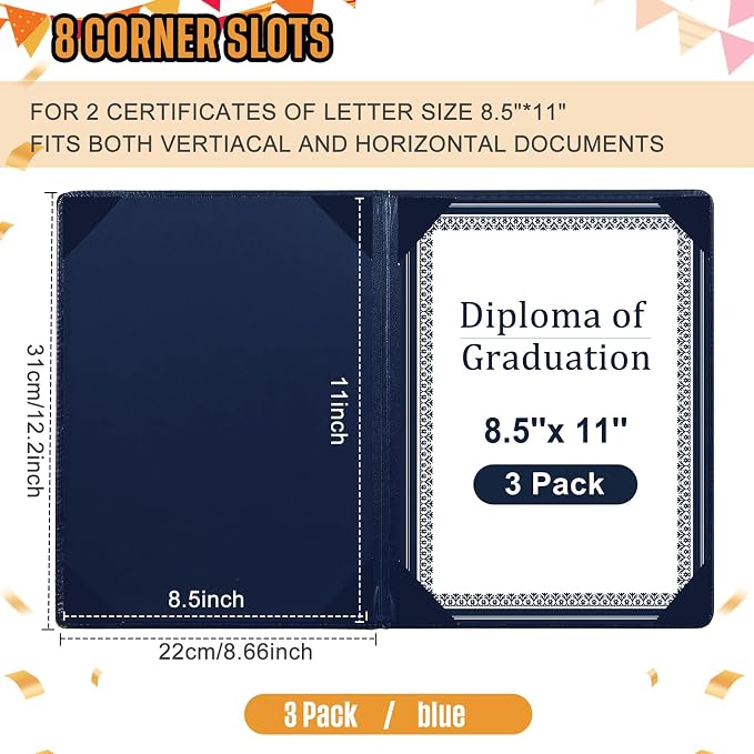 Tenare 3 Pcs Blue Leather Certificate Holder 8.5 x 11 PU Phd Bachelor Master - Image 2