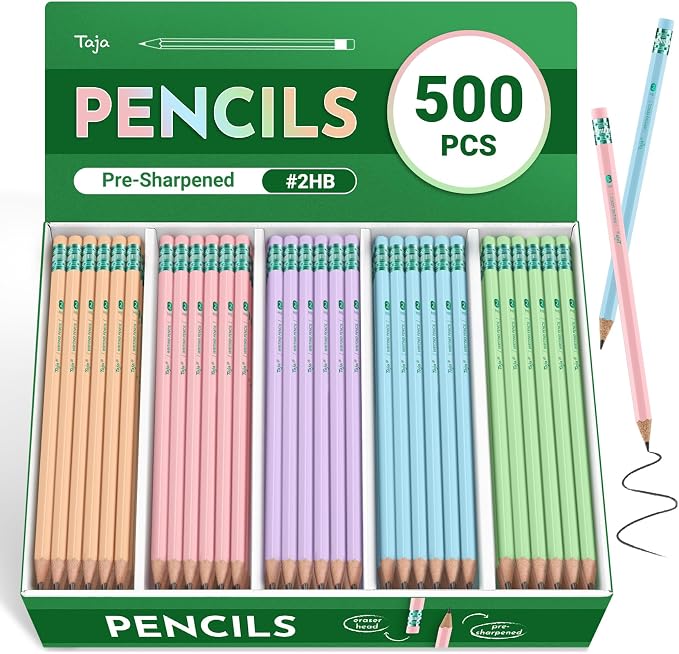 Taja 500 Pack Wood-Cased #2 HB Pencils, Bulk Pre-Sharpened Pencils by Taja