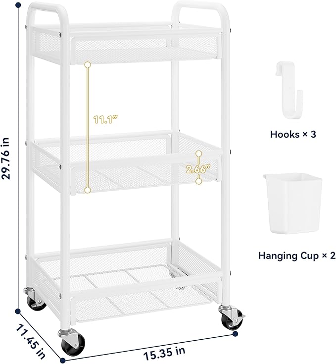YASONIC 3 Tier Rolling Cart – Metal Utility Storage Carts - Image 6