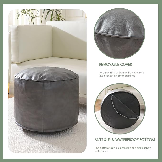 HIGOGOGO Round Stuffed Pouf Ottoman, Pu Leather Poufs - Image 5