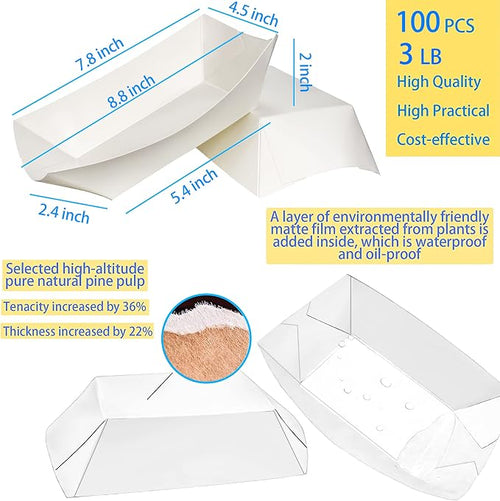 100 Pack 3lb Kraft Paper Food Trays, Waterproof Heavy-Duty Paper Food Boats - Image 2