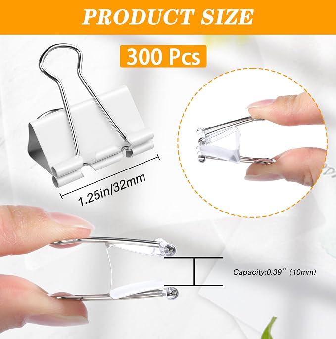 Jetec 300 Pack 1.25in/32mm White Metal Binder Clips Bulk Medium Reusable Fold - Image 2