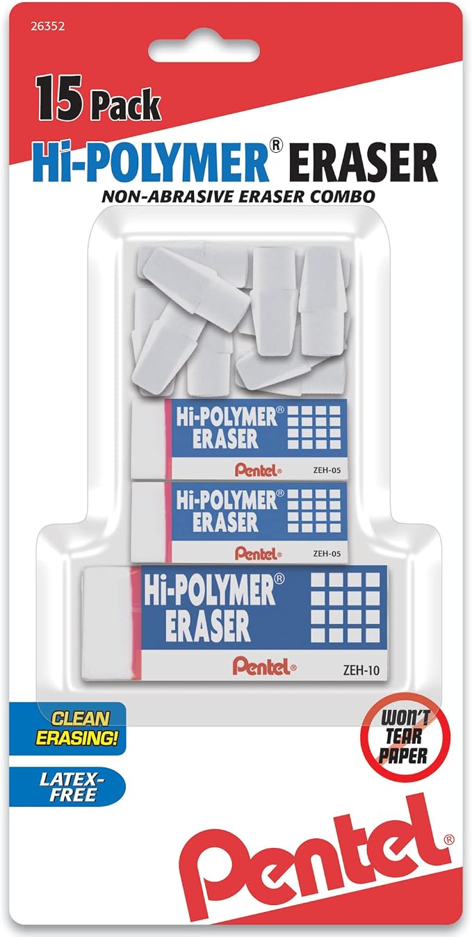 Pentel Hi-Polymer Eraser White Assorted Pack, 15 Pack - Image 2