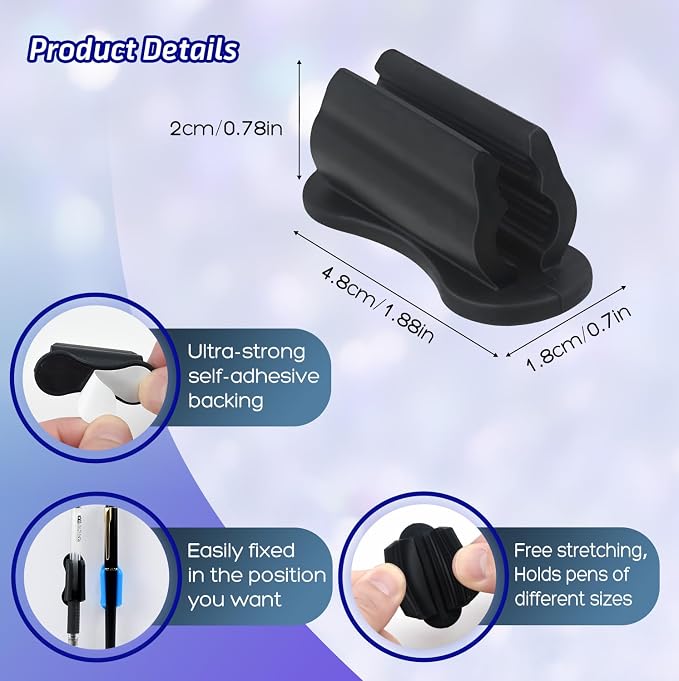 20 Pack Black Adhesive Silicone Pen Holders, Sticky Pen And Pencil Clip Set | - Image 3