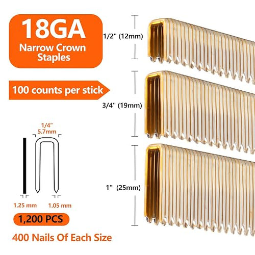 1200-Count 18 Gauge 1/4 Inch Narrow Crown Staples, 400 per Size, Heavy Duty - Image 2