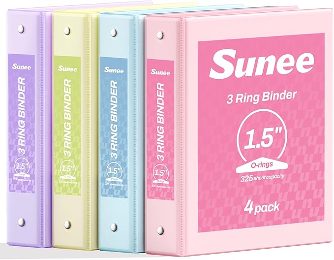 SUNEE 1.5 Inch Binders 3 Ring 4 Pack by SUNEE