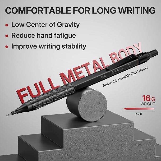 WUO 0.7mm Mechanical Pencil Set, 3 Black Metal Drafting Pencils - Image 4