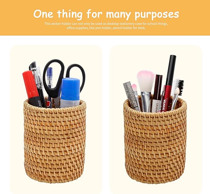 2 Pack Rattan Pencil Holder for Desk Handmade Pen Organizer Bucket Boho Desk - Image 4