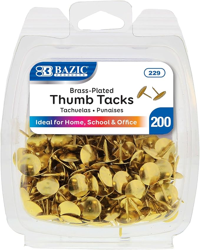BAZIC Products Thumb Tacks, Brass Gold, 200 Ct, 144-Case | sharp steel points by BAZICProducts