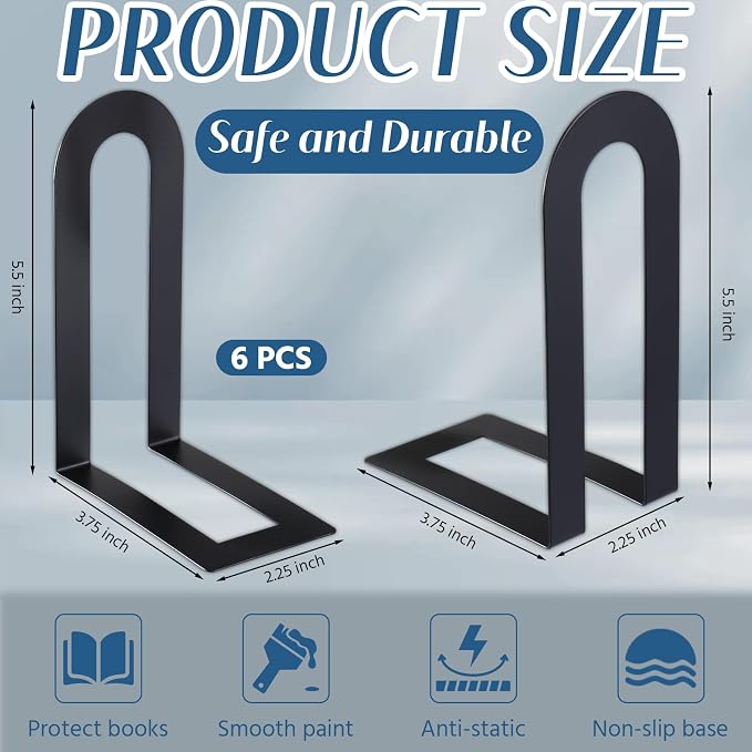 Chunful 6 Pcs Metal Book Ends for Shelves Modern Bookends Decorative Book Shelf - Image 2