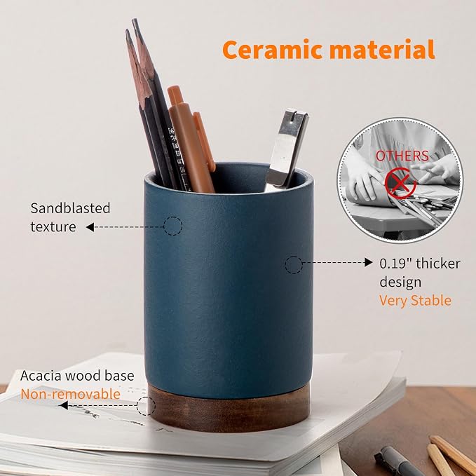 Pen Holder for Desk, Ceramic Pencil Organizer & Makeup Brush Holder, Office - Image 3