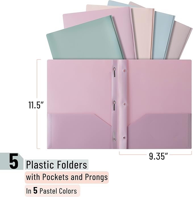 Mr. Pen- Plastic Folders with Pockets and Prong, 5 Pack | Muted Pastel Colors - Image 2