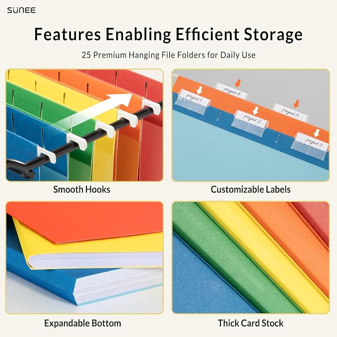 SUNEE Hanging File Folders Assorted Colors, 25 Pack File Folders Letter Size - Image 3