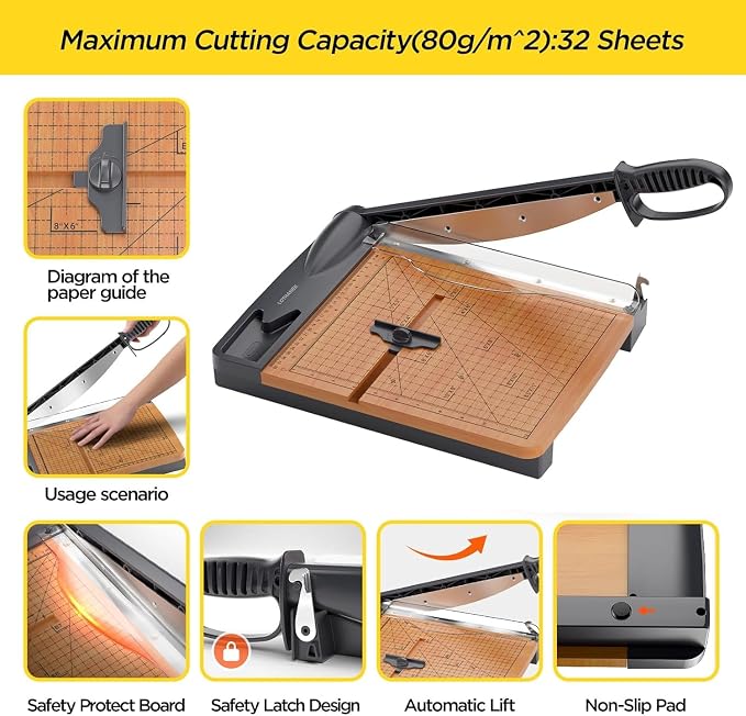 12'' Wood Guillotine Paper Cutter, Heavy Duty Wood Base Paper Trimmer - Image 5