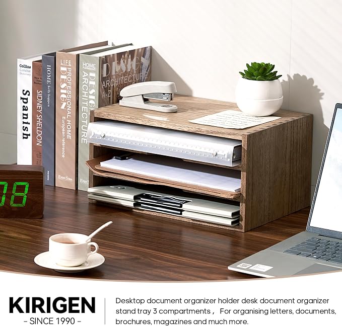 KIRIGEN Wooden Desktop Organizer, 3 Tier Solid Wood Letter Tray and Paper File - Image 5