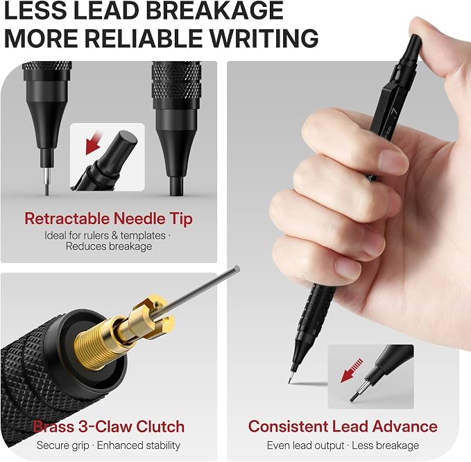 WUO 0.7mm Mechanical Pencil Set, 3 Black Metal Drafting Pencils - Image 3