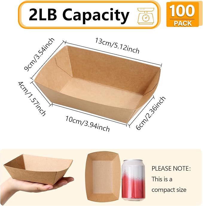 100 Pack 2lb Paper Food Trays, Kraft Paper Food Nacho Boat Disposable Take Out - Image 2