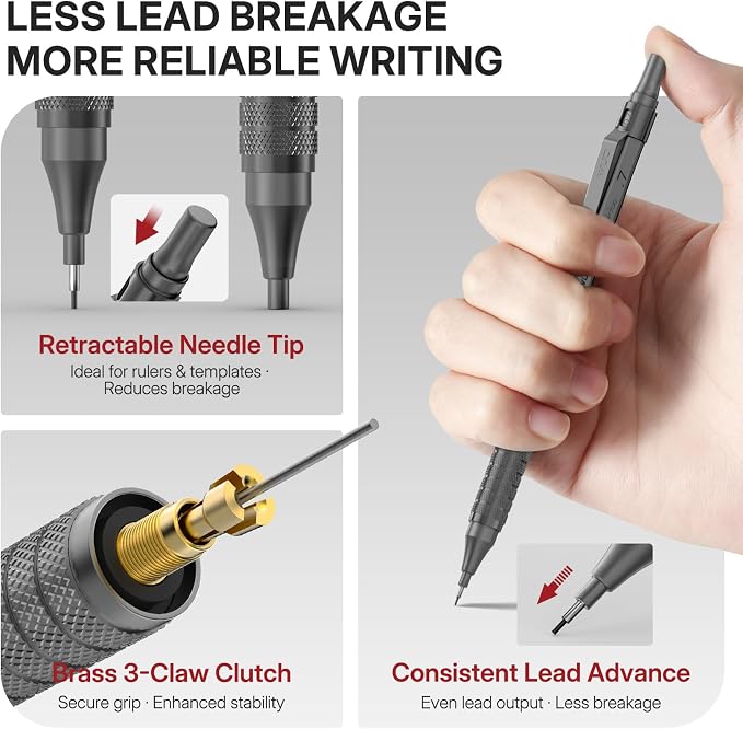 WUO 0.7mm Mechanical Pencil Set, 3 Grey Metal Drafting Pencils - Image 3