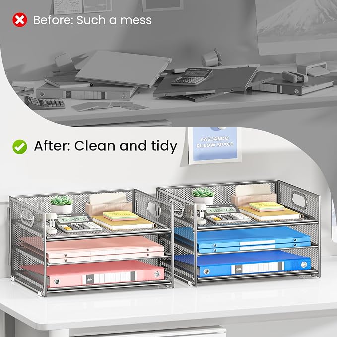 Subekyu 2-Pack 3-Tier Silver Metal Mesh Desk Paper Letter Tray & File Sorter - Image 2