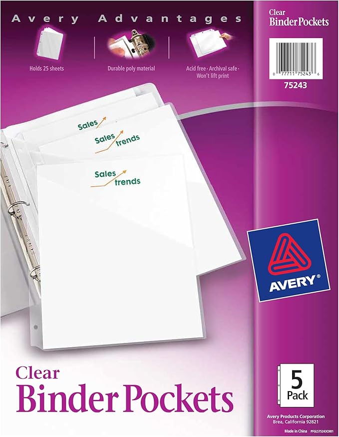 Avery Binder Pockets for 3 Ring Binders, 8.5" x 11", Acid-Free and Archival-Safe by Avery