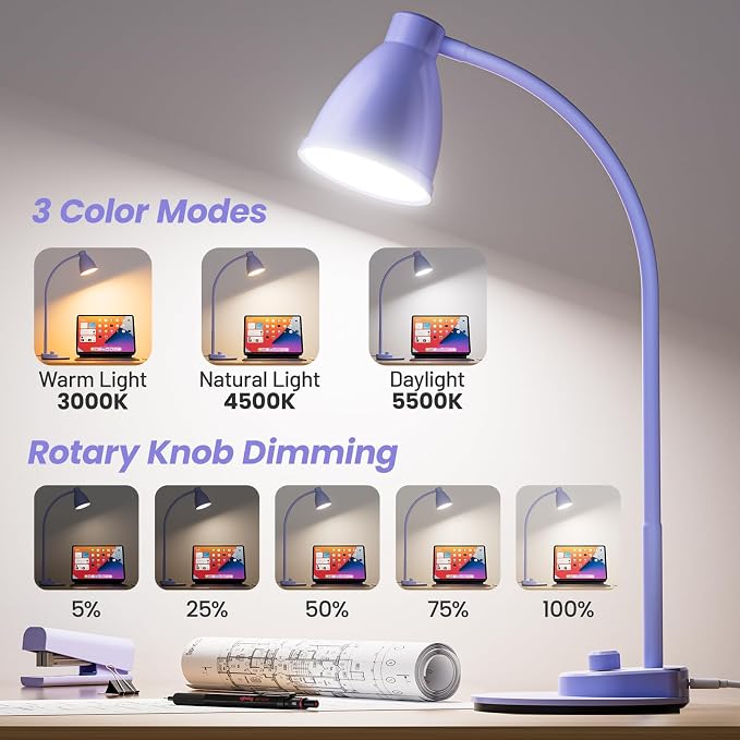 BOHON LED Desk Lamp with USB Charging Port, 3 Color Modes Dim, Lilac Purple | - Image 2