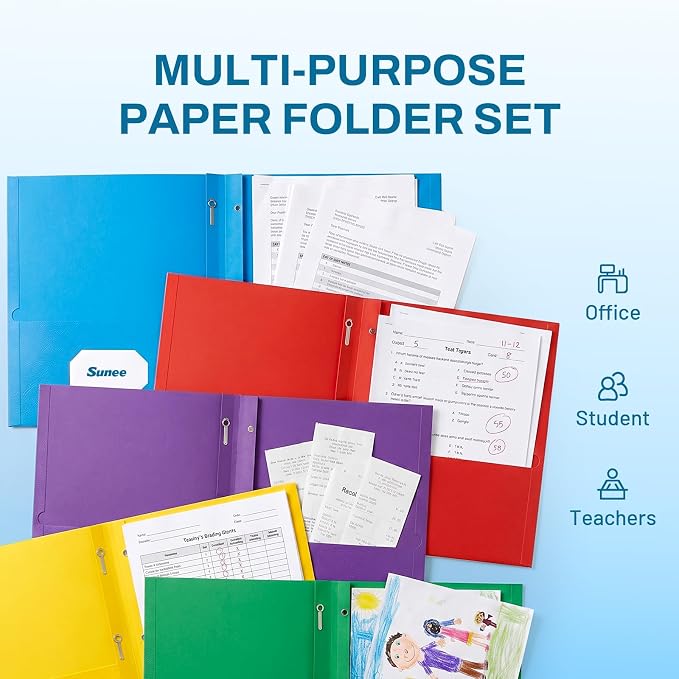 SUNEE 2 Pocket Folders with Prongs, Paper Folders with 2 Pockets and 3 Prongs - Image 6