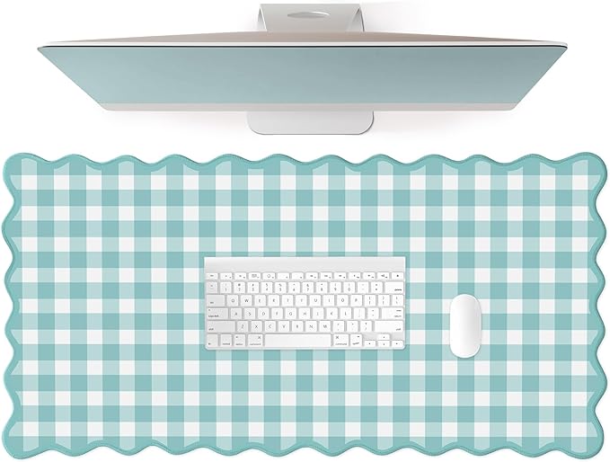 Scalloped‌ Teal Green Checkered Desk Mat Cute Pastel Large Gaming Mouse Pad by Unknown