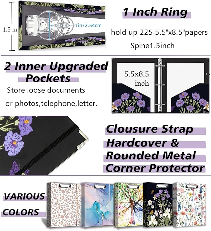 Mini Binder 3 Ring 1 Inch for 5.5"x8.5" Paper, Cute Small Three Ring Binders - Image 5