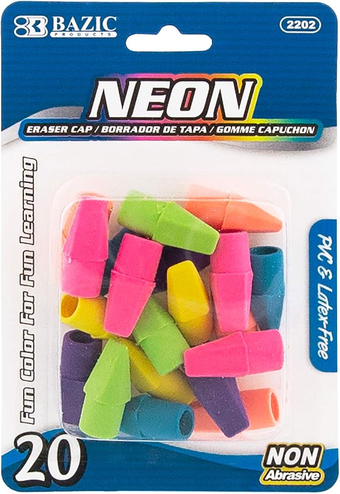 BAZIC Eraser Sets, 18 Per Pack | non-abrasive; Slide onto standard pencils; by BAZICProducts