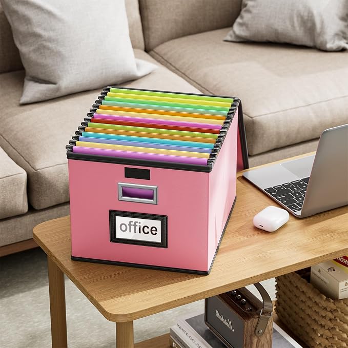 File Organizer Box with Lid, Collapsible Leather File Folder Organizer - Image 8