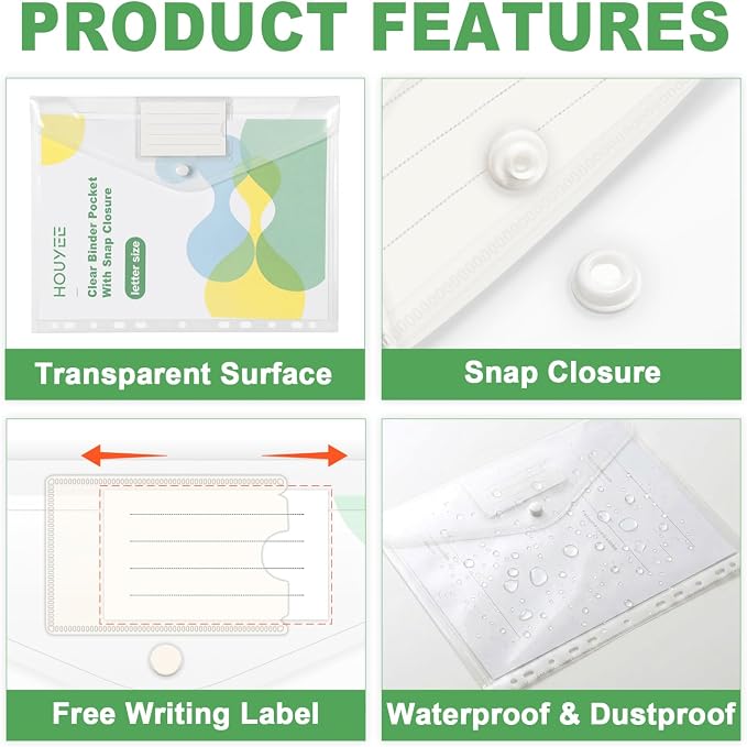 HOUYEE 32 Pack Clear Binder Pocket, 11 Holes Heavy-Duty Plastic Binder Pouch - Image 4