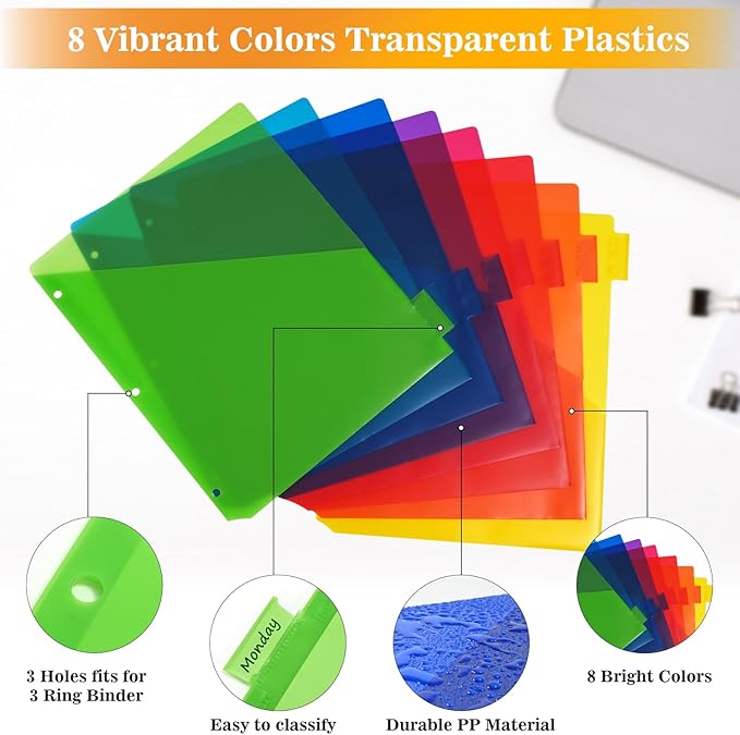 SUQJOY 8-Tab Dividers for 3 Ring Binder, Subject Dividers, 3-Hole Plastics - Image 2