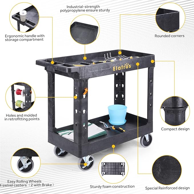 ELAFROS 2-Tier Utility Rolling Cart, 34 x 17 in, 550lb | Deep Tub Shelves - Image 4