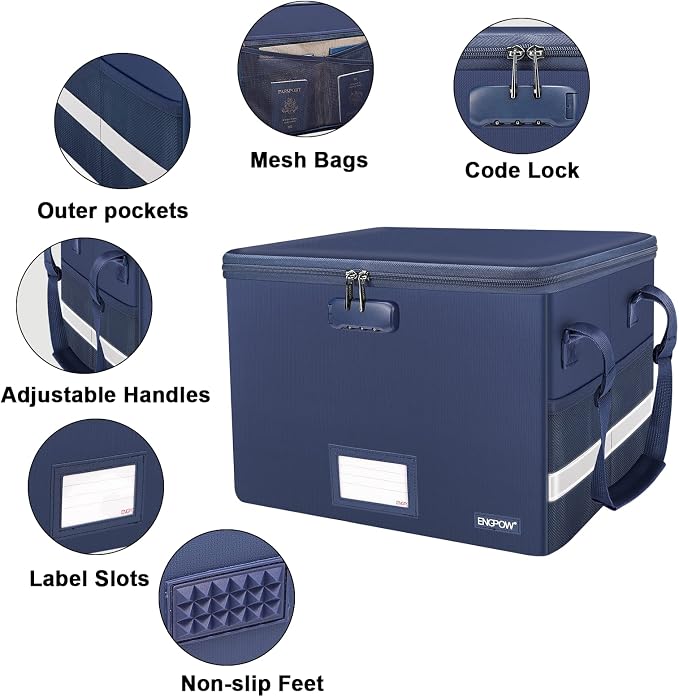 ENGPOW File Box with Lock, Fireproof Document Box with Pockets, Collapsible - Image 4