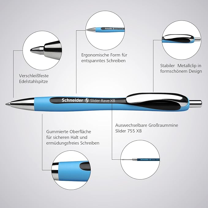 Schneider Slider Rave XB Ballpoint Pens, Refillable + Retractable, 1.4 mm - Image 6