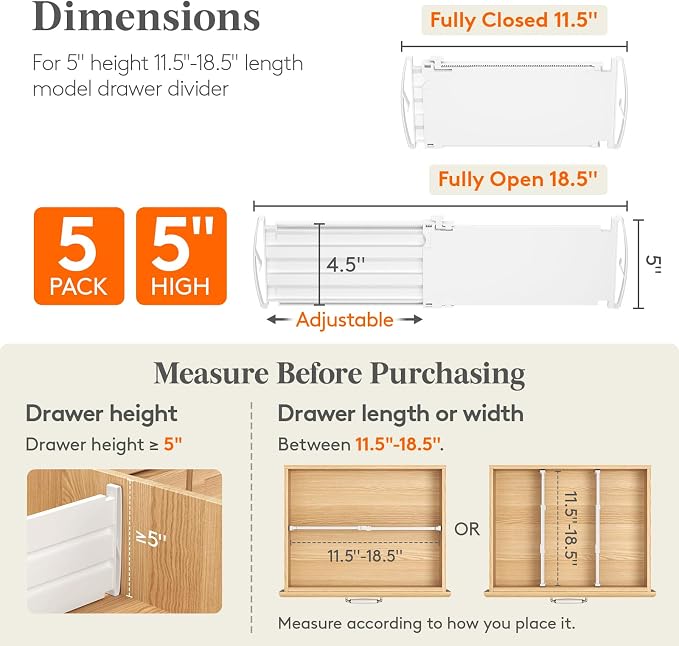 Lifewit 5" High 5 Pack Drawer Dividers, 11.5"-18.5" Adjustable Deep Drawer - Image 2