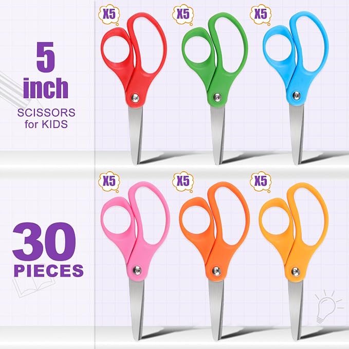 BURVAGY 30 Packs 5" Small School Student Blunt Tip Craft Kids Scissors - Image 2