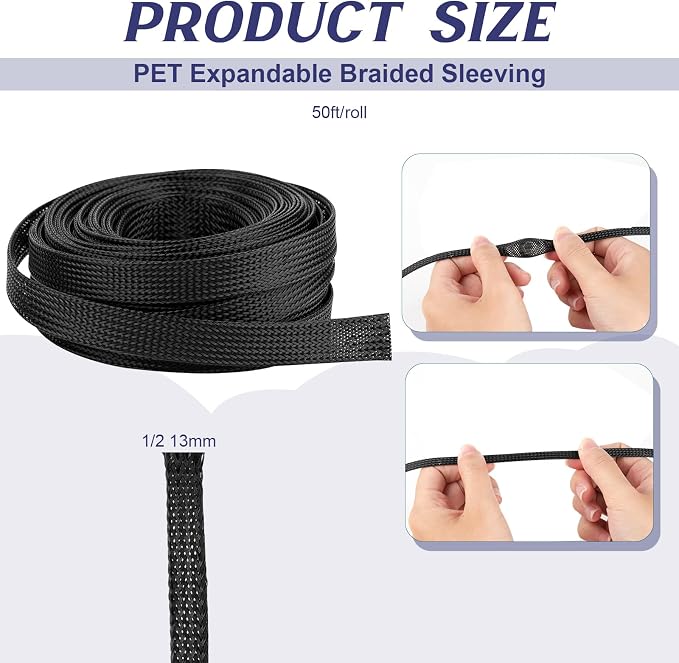 50ft 1/2 Braided Wire Loom PET Cable Loom Expandable Braided Cable Sleeving - Image 2