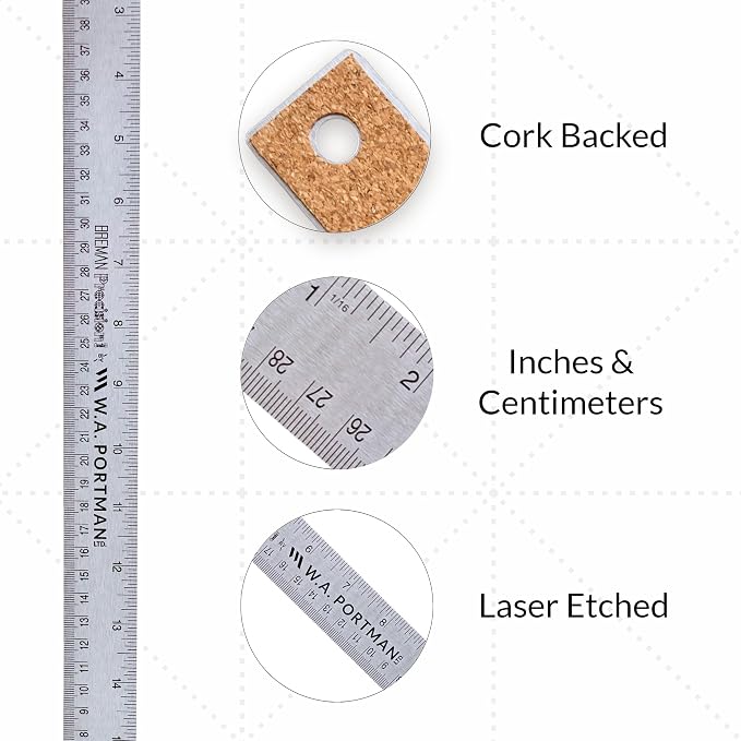 Breman Precision Metal Ruler 18 Inch Cork Back – Stainless Steel Straight Edge - Image 2