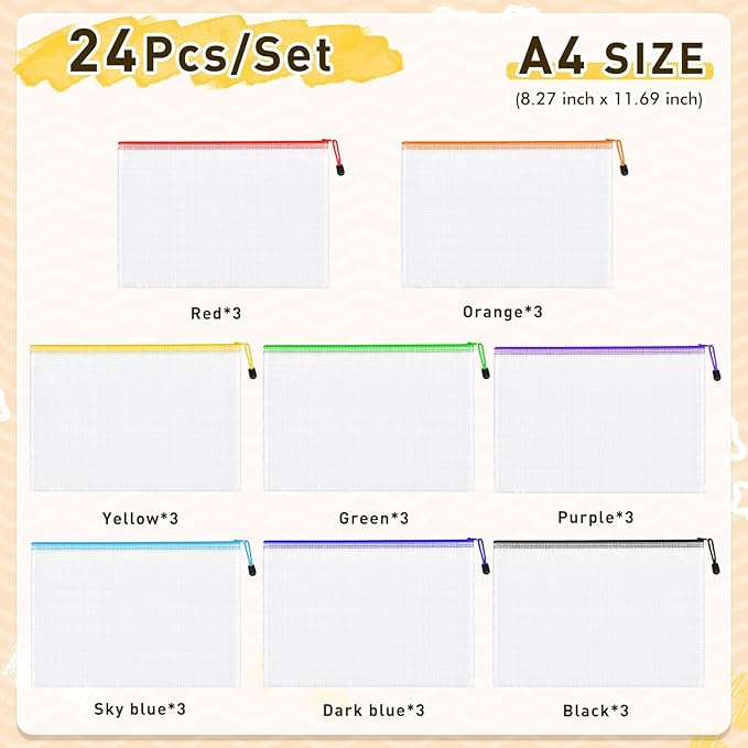24pcs Mesh Zipper Pouch Bags, A4 Letter Size 8 Colors Plastic Zipper Bags - Image 2