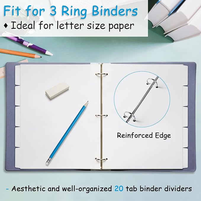 Binder Dividers for 3 Ring Binder, 1/5 Cut Tabs, Letter Size, Blank Write On - Image 4
